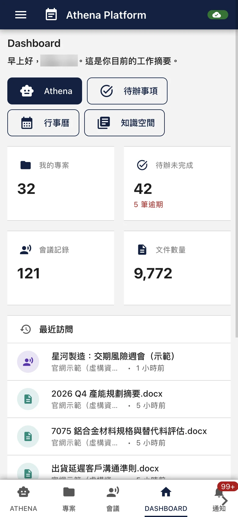 手機版首頁:快捷按鈕、我的專案與待辦統計(數字已模糊處理),以及最近開過的會議與文件。